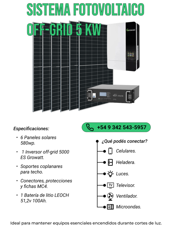 Kit Solar Off-Grid 5kW con Batería de Litio 6 paneles 580Wp – Ideal Autonomía Energética
