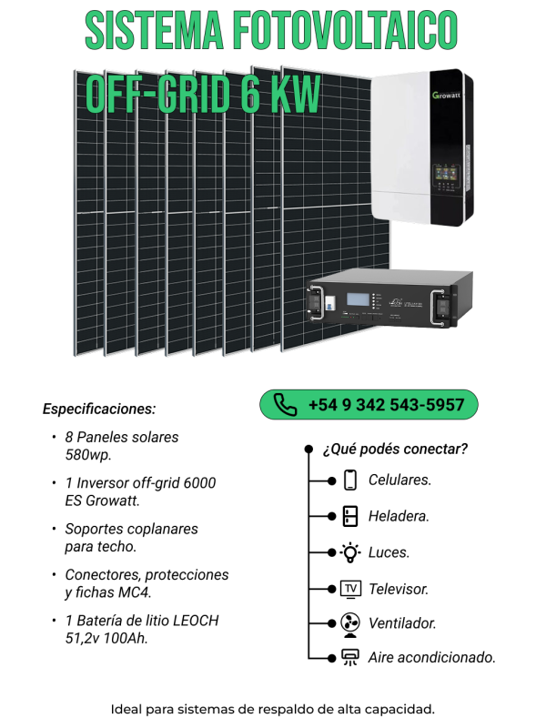 Kit Solar Off-Grid 6kW con Batería de Litio Growatt – 8 Paneles 580W